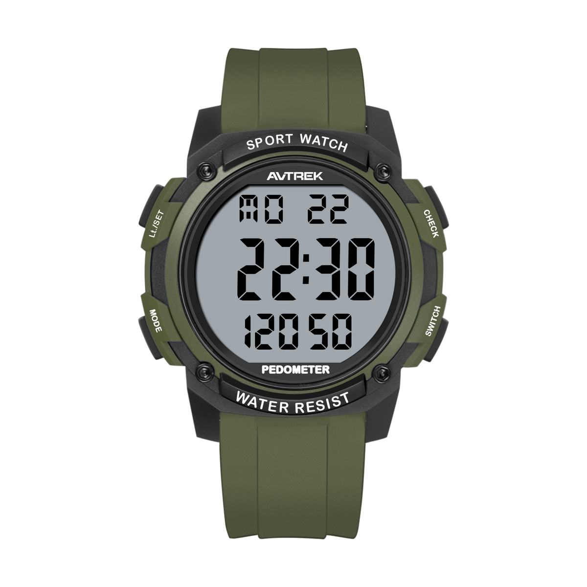 AVTREK 2504 pedometer watch with large step display and olive strap