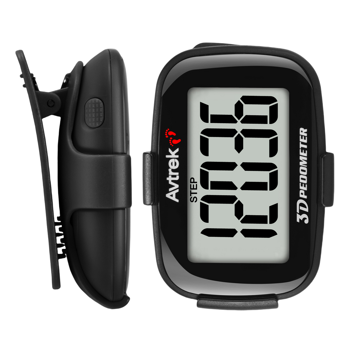 AVTREK 2204 black clip-on pedometer shown from the front and side