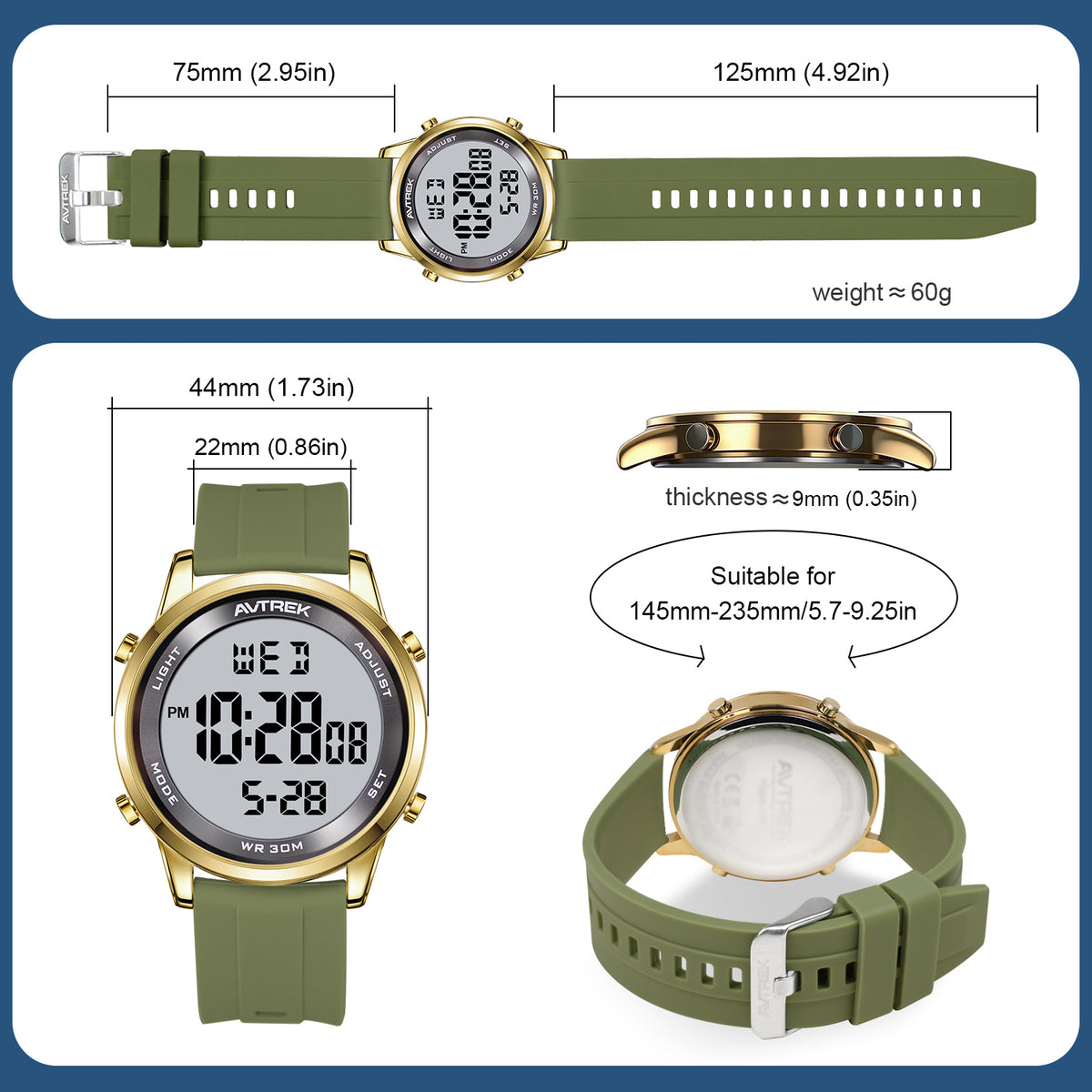 AVTREK Ultra-Thin Digital Watch Waterproof,and 5 Alarms/LED Backlight,Men's 2508 | Large dial Wristwatch with Stopwatch/Countdown/Hourly Chime,12h/24h,No Charging or App,Gift for Student Adults Elderly