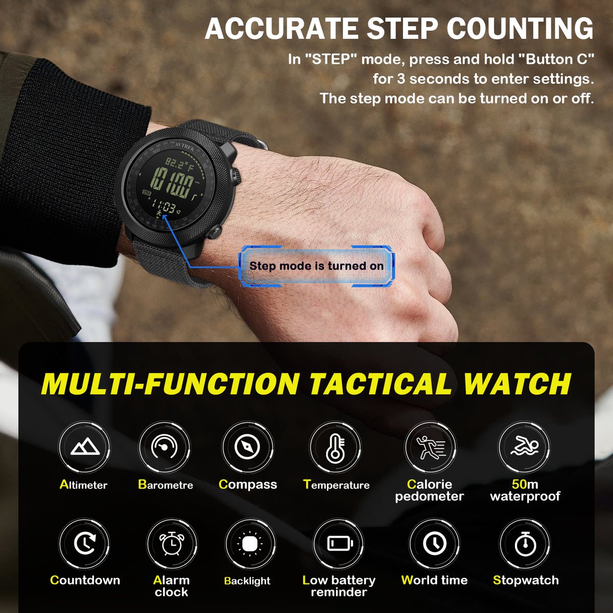 AVTREK Digital Hiking Sport Watch for Men Tactical Military Altimeter Watch 2106 | Large Rugged Dial, Compass, Altimeter, Barometer, Pedometer, 50M Waterproof, Solid Nylon Strap, Army, Outdoor, Training
