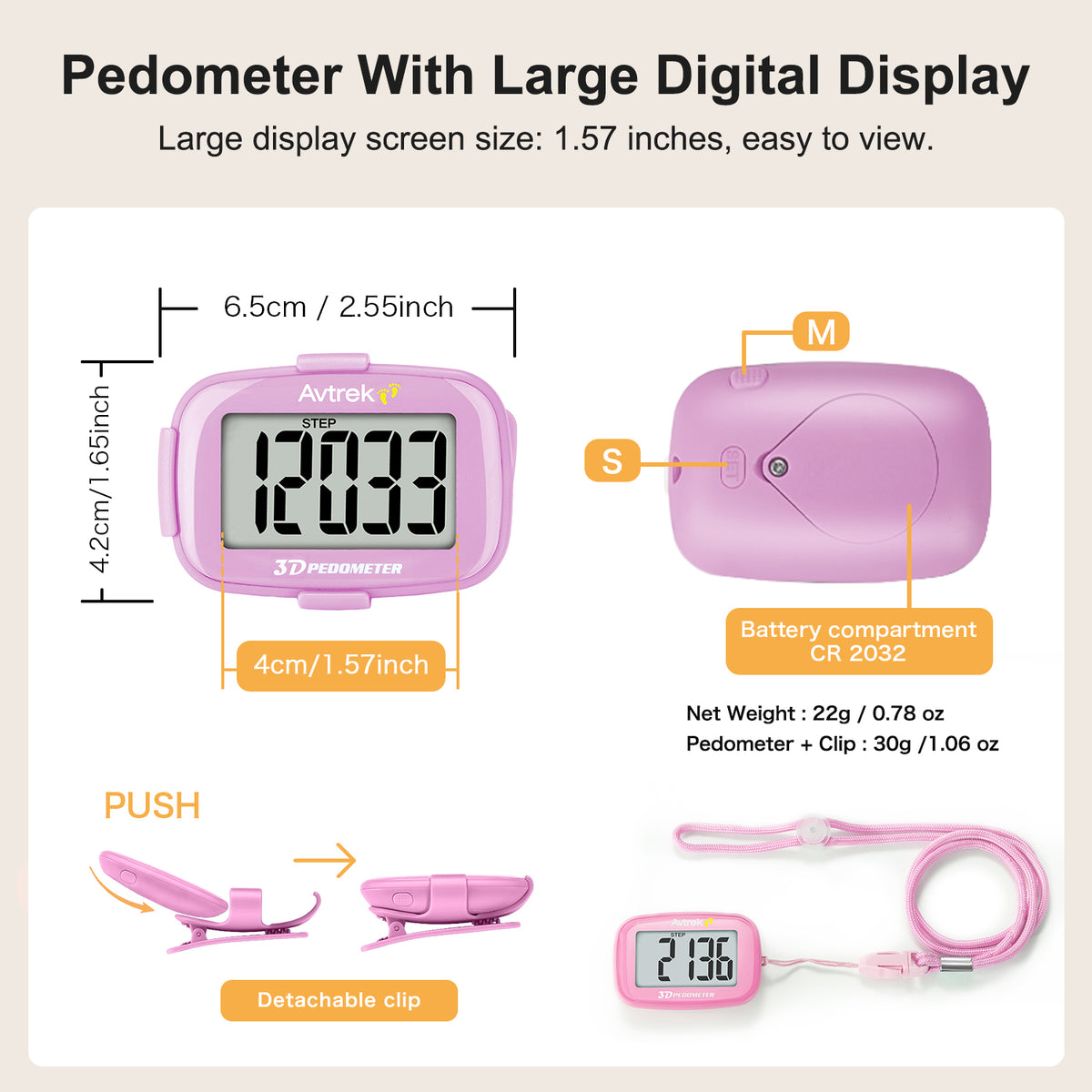 AVTREK 3D Step Counter Clip On with LED Backlight Pocket Pedometer for Walking Outdoor Activities Fitness Tracker Without Smartphone | No Smartphone No App Pocket Step Counter for Seniors, Men, Women & Teens,Outdoor Walking Fitness Tracker-2204