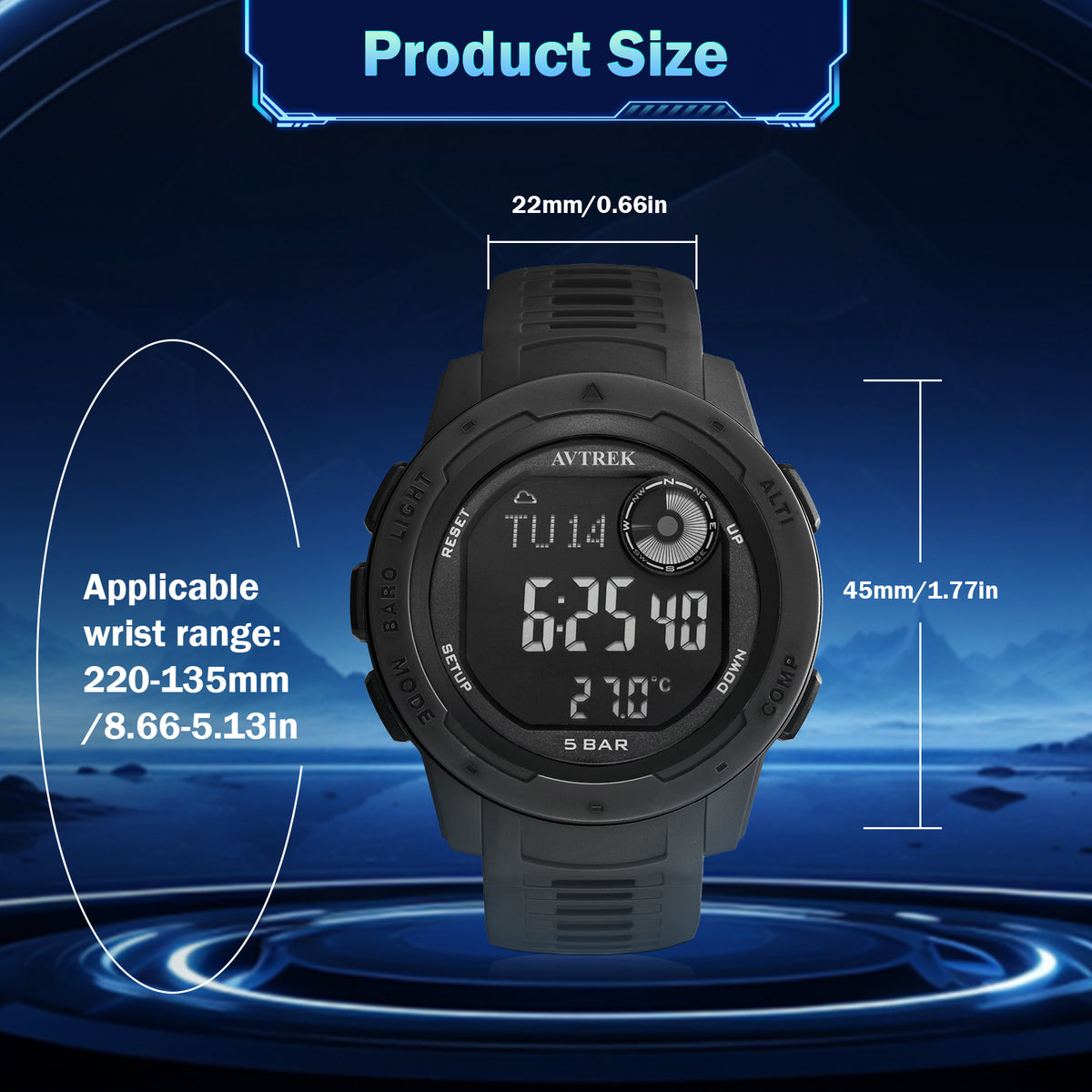 AVTREK Tactical Watch with Compass Pedometer,50M Waterproof-2003 | Digital Altimeter Watch for Outdoor Hiking/Climbing/Walking