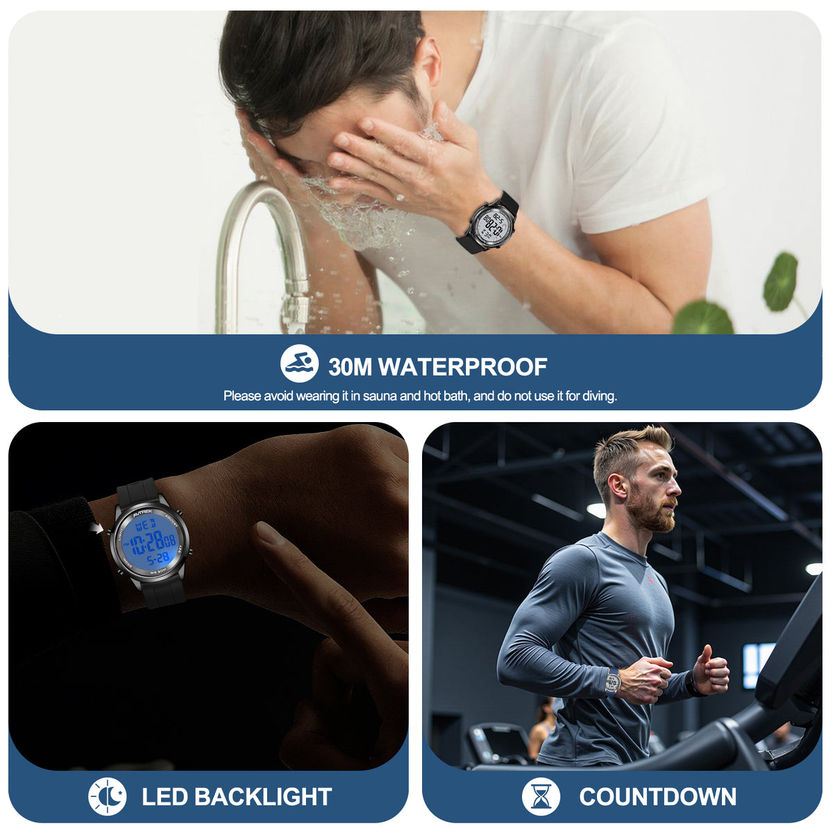 AVTREK Ultra-Thin Digital Watch Waterproof,and 5 Alarms/LED Backlight,Men's 2508 | Large dial Wristwatch with Stopwatch/Countdown/Hourly Chime,12h/24h,No Charging or App,Gift for Student Adults Elderly