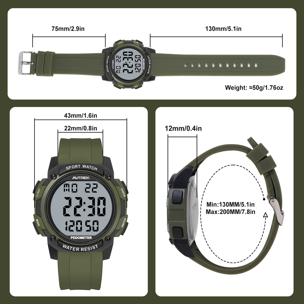 AVTREK Pedometer Watch for Walking Steps and Miles No Bluetooth/APP Needed 2504 | 50M Waterproof, 5-second Backlight, Digital Step Counter Watch, Sport Simple Fitness Tracker for Men, Silicone Watch Strap