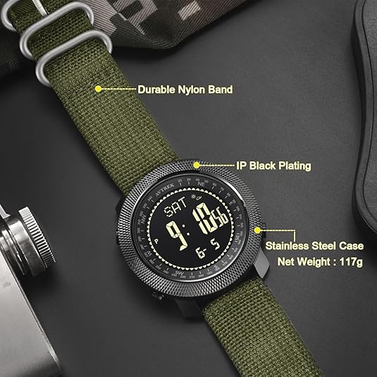 AVTREK Digital Hiking Sport Watch for Men Tactical Military Altimeter Watch 2106 | Large Rugged Dial, Compass, Altimeter, Barometer, Pedometer, 50M Waterproof, Solid Nylon Strap, Army, Outdoor, Training