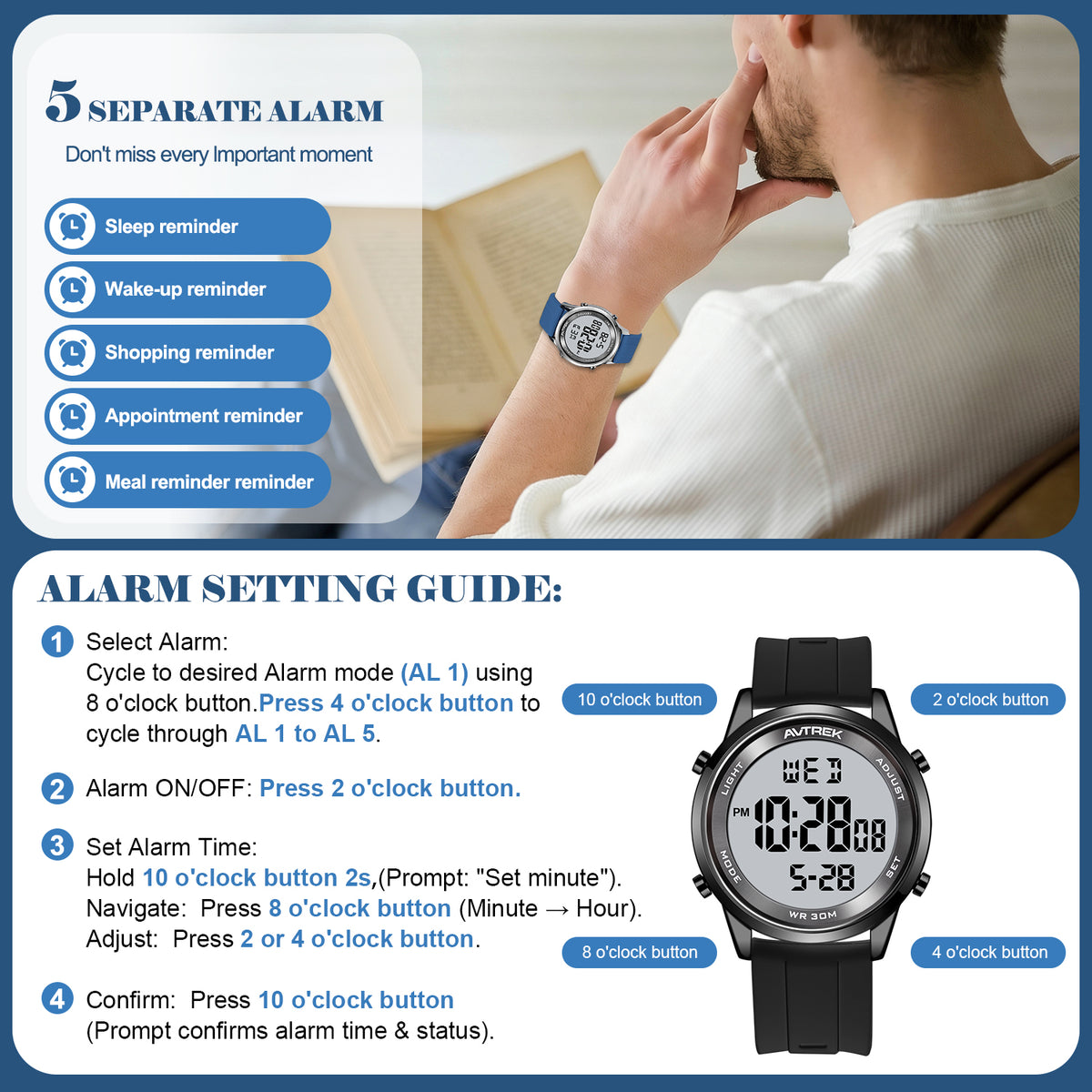 AVTREK Ultra-Thin Digital Watch Waterproof,and 5 Alarms/LED Backlight,Men's 2508 | Large dial Wristwatch with Stopwatch/Countdown/Hourly Chime,12h/24h,No Charging or App,Gift for Student Adults Elderly