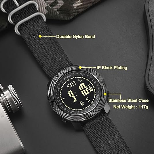 AVTREK Digital Hiking Sport Watch for Men Tactical Military Altimeter Watch 2106 | Large Rugged Dial, Compass, Altimeter, Barometer, Pedometer, 50M Waterproof, Solid Nylon Strap, Army, Outdoor, Training