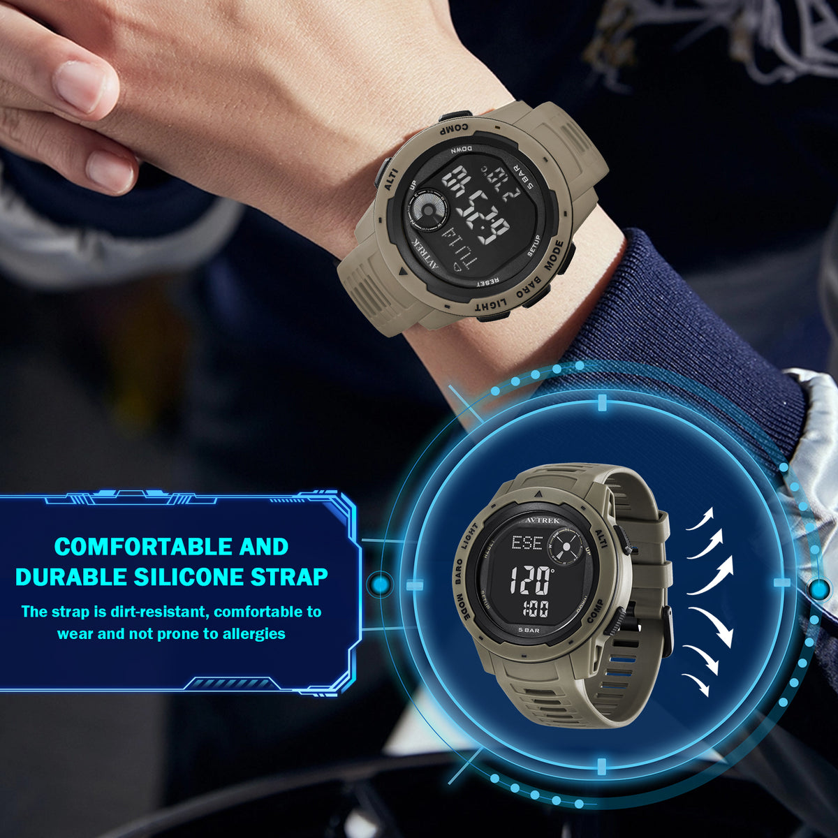 AVTREK Tactical Watch with Compass Pedometer,50M Waterproof-2003 | Digital Altimeter Watch for Outdoor Hiking/Climbing/Walking