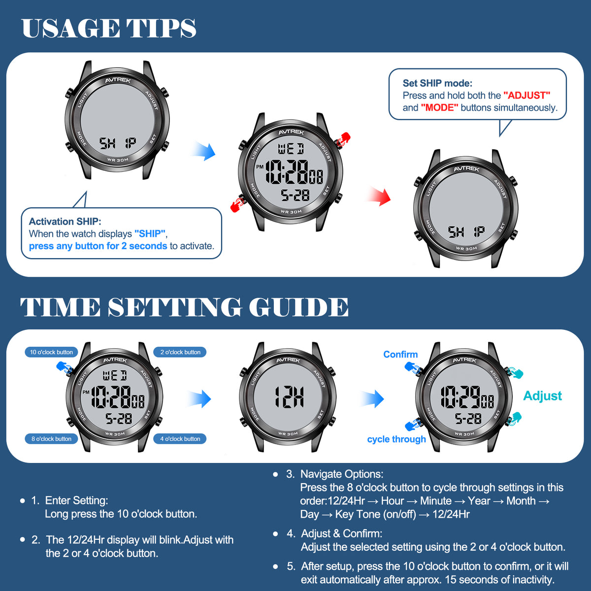 AVTREK Ultra-Thin Digital Watch Waterproof,and 5 Alarms/LED Backlight,Men's 2508 | Large dial Wristwatch with Stopwatch/Countdown/Hourly Chime,12h/24h,No Charging or App,Gift for Student Adults Elderly