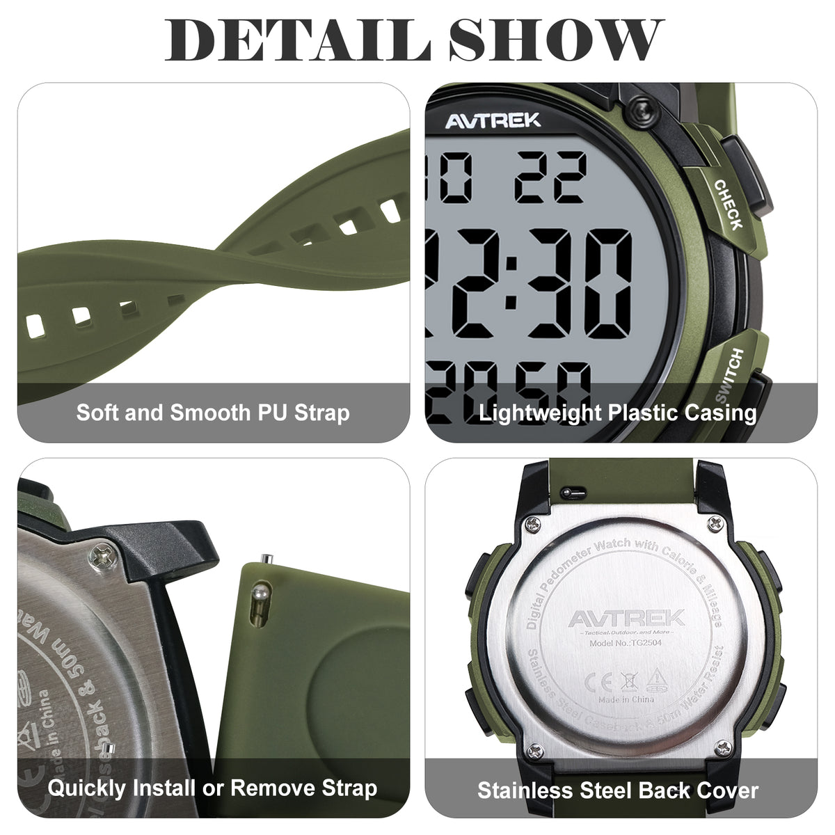 AVTREK Pedometer Watch for Walking Steps and Miles No Bluetooth/APP Needed 2504 | 50M Waterproof, 5-second Backlight, Digital Step Counter Watch, Sport Simple Fitness Tracker for Men, Silicone Watch Strap