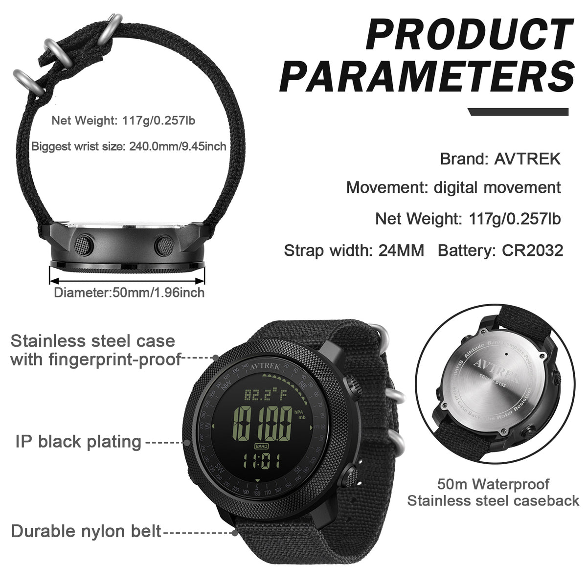 AVTREK Digital Hiking Sport Watch for Men Tactical Military Altimeter Watch 2106 | Large Rugged Dial, Compass, Altimeter, Barometer, Pedometer, 50M Waterproof, Solid Nylon Strap, Army, Outdoor, Training