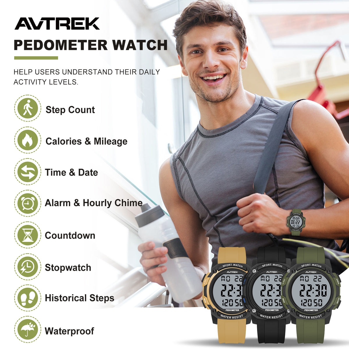 AVTREK Pedometer Watch for Walking Steps and Miles No Bluetooth/APP Needed 2504 | 50M Waterproof, 5-second Backlight, Digital Step Counter Watch, Sport Simple Fitness Tracker for Men, Silicone Watch Strap