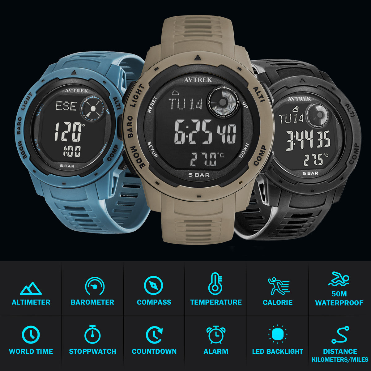 AVTREK Tactical Watch with Compass Pedometer,50M Waterproof-2003 | Digital Altimeter Watch for Outdoor Hiking/Climbing/Walking