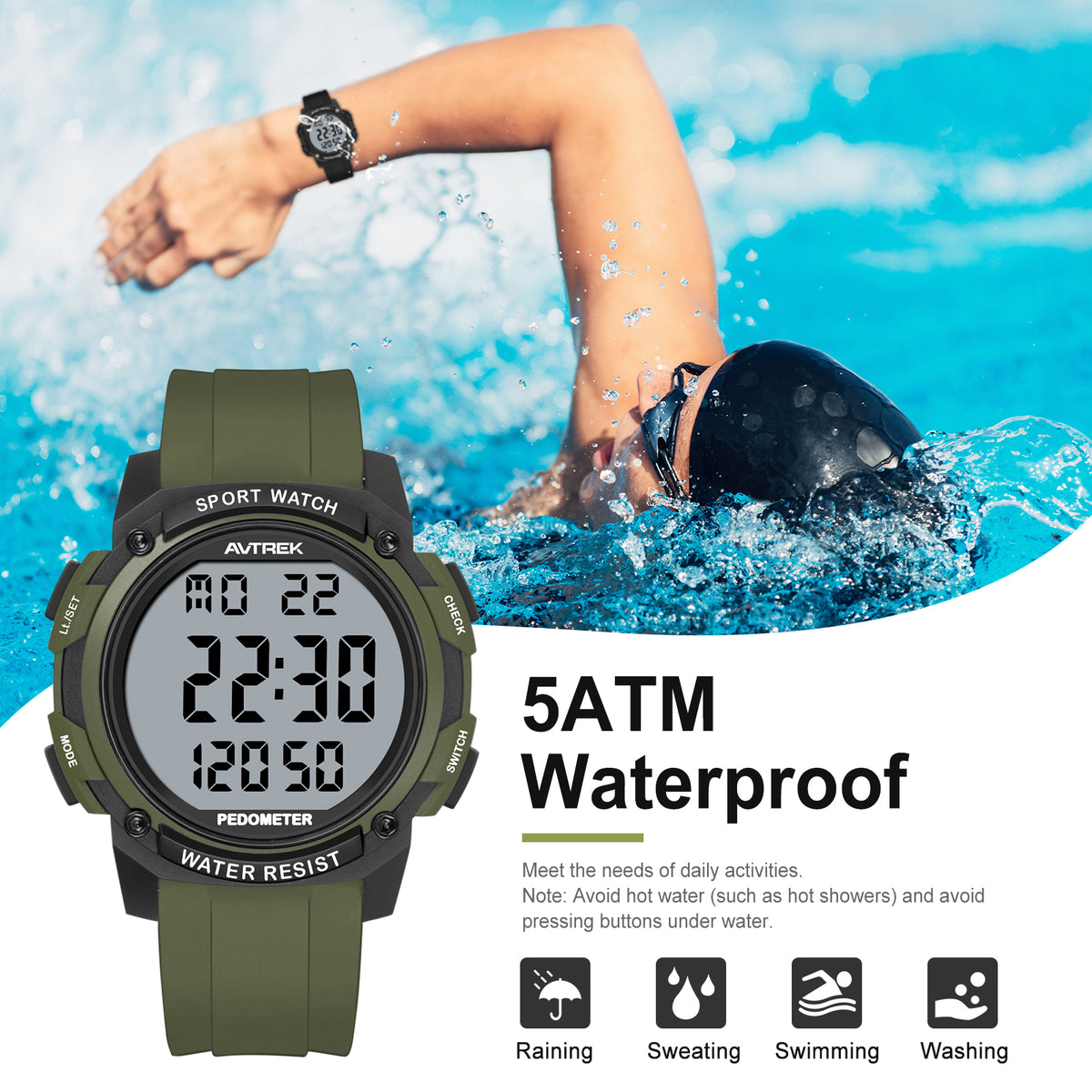 AVTREK Pedometer Watch for Walking Steps and Miles No Bluetooth/APP Needed 2504 | 50M Waterproof, 5-second Backlight, Digital Step Counter Watch, Sport Simple Fitness Tracker for Men, Silicone Watch Strap