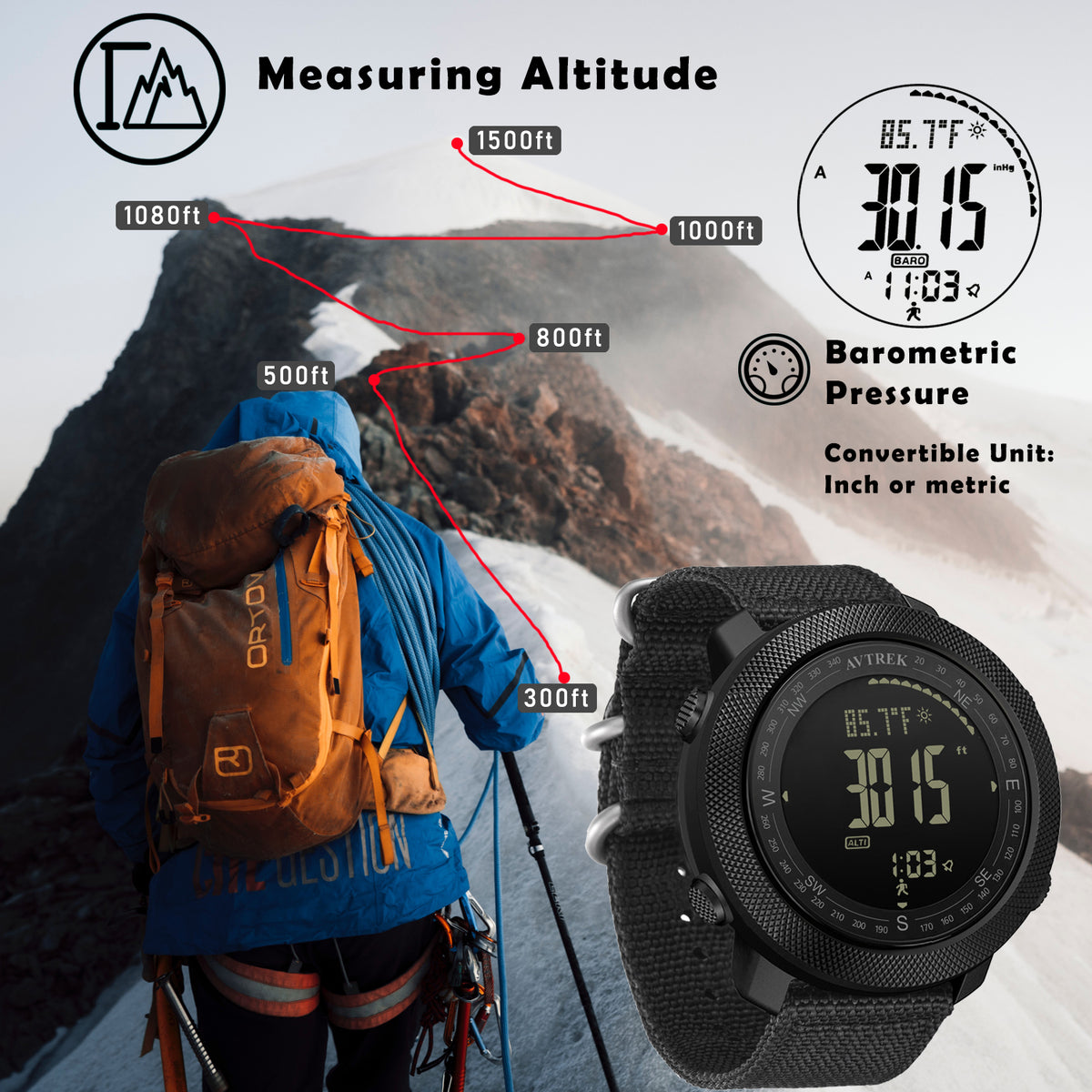 AVTREK Digital Hiking Sport Watch for Men Tactical Military Altimeter Watch 2106 | Large Rugged Dial, Compass, Altimeter, Barometer, Pedometer, 50M Waterproof, Solid Nylon Strap, Army, Outdoor, Training