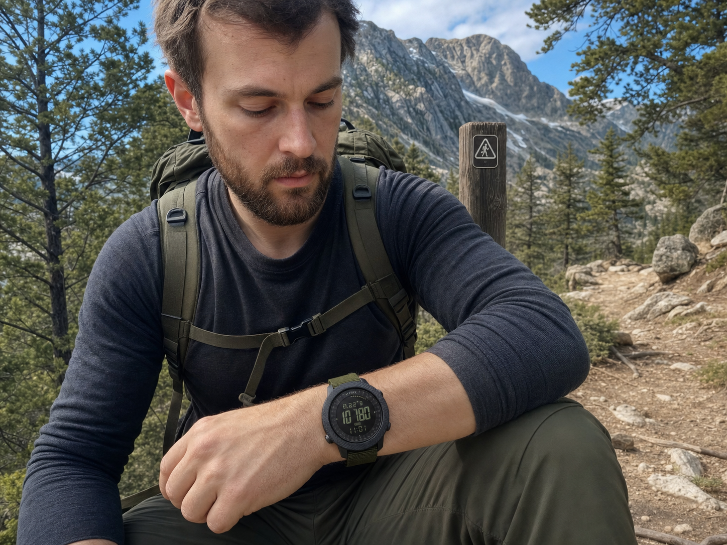 American hiker checking an AVTREK 2106 digital watch in the Rocky Mountains